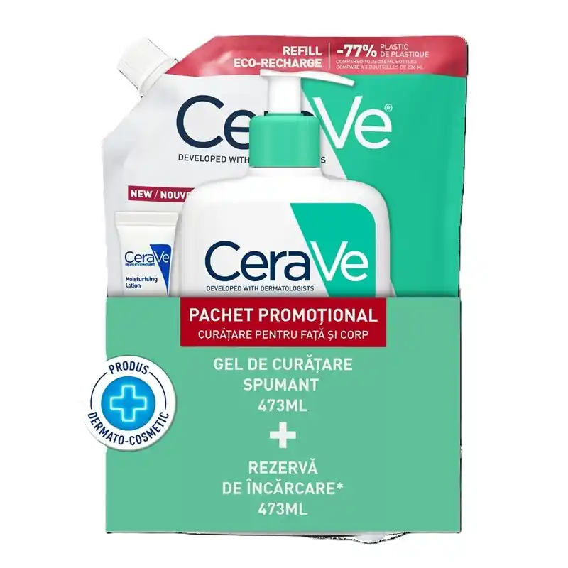 Noutate PACHET PROMO GEL DE CURATARE SPUMANT 473ML+REZERVA DE INCARCARE 473ML + LOTIUNE HIDRATANTA 3ML CERAVE