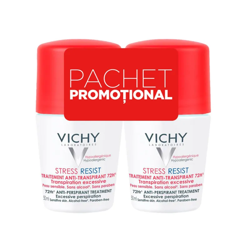 Pachet Deodorant roll-on tratament intensiv anti-transpirant 72h, 50 ml + 50 ml, Vichy Livrare expres