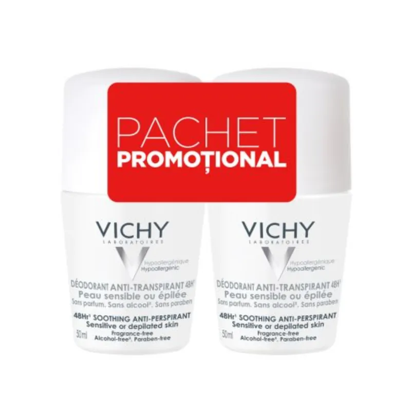 Pachet Deodorant roll-on antiperspirant fara parfum 48h, 50 ml + 50 ml, Vichy Doar azi