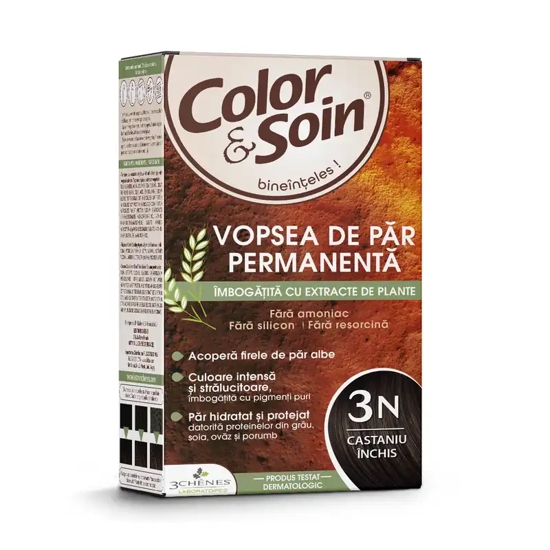 Vopsea de par fara amoniac, fara silicon, castaniu inchis, 3N, Color&Soin Bestseller