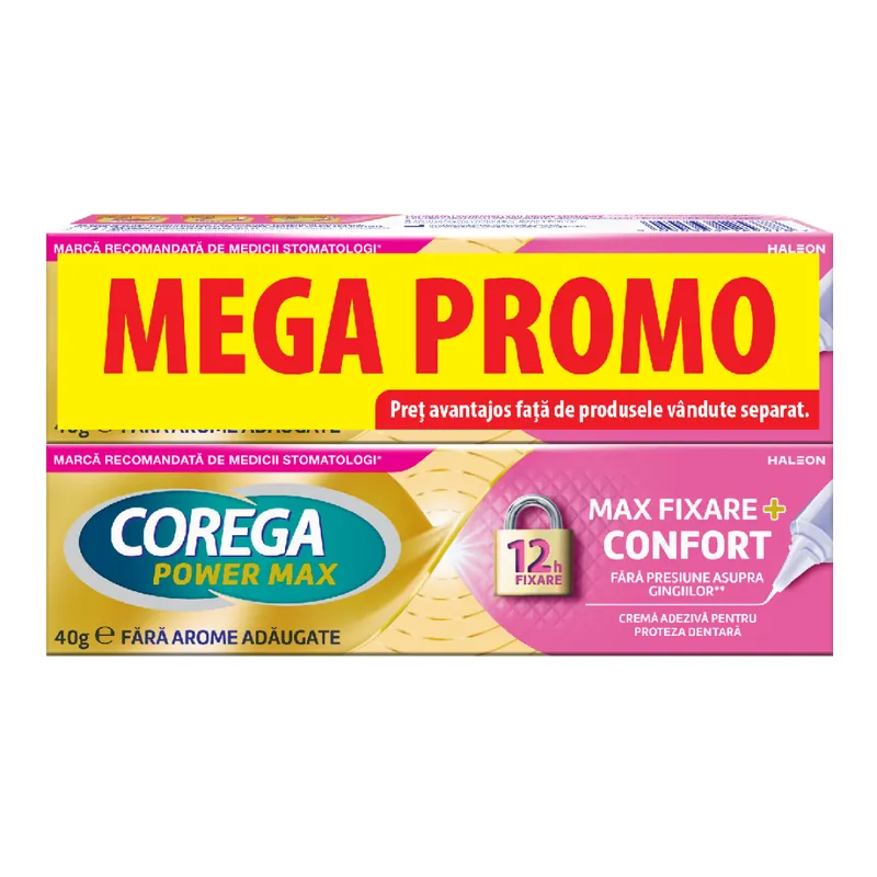 Pachet Crema adeziva pentru proteza dentara Power Max Fixare+ Confort, 2*40 g, Haleon Chilipir