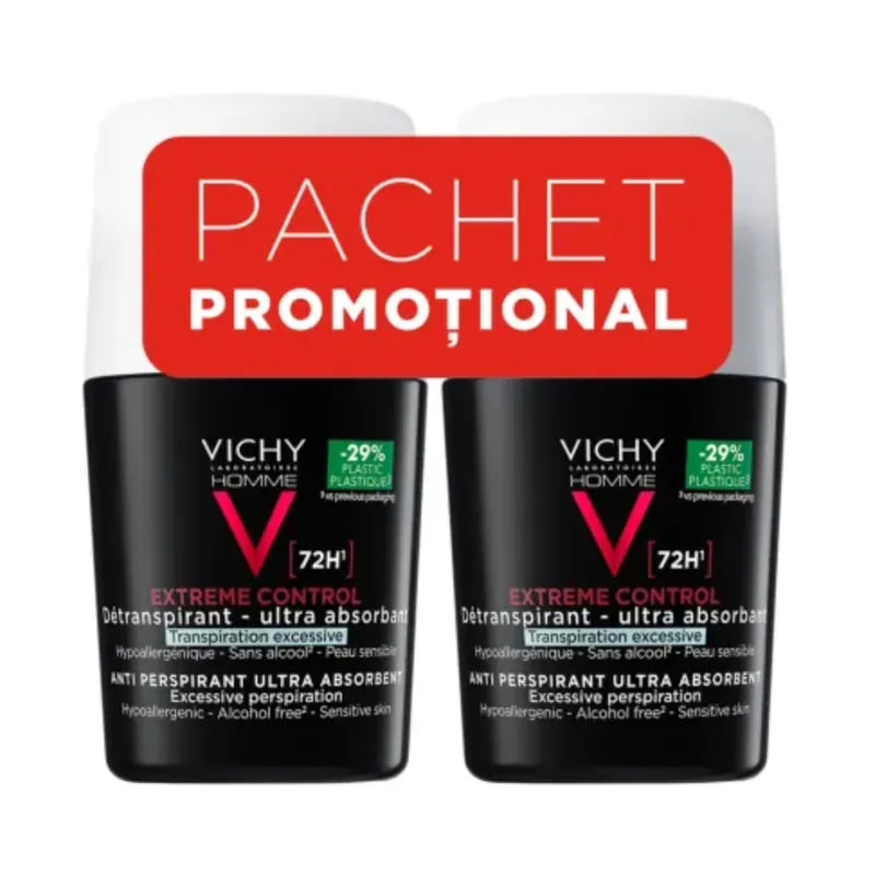Ofertă exclusivă Pachet Deodorant roll-on antiperspirant pentru barbati Control Extrem 72H, 50 ml + 50 ml, Vichy