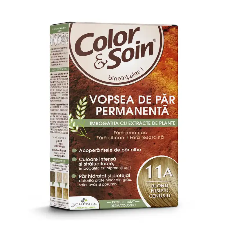 Vopsea de par fara amoniac, fara silicon, blond nisipiu cenusiu, 11A, Color&Soin Retur ușor