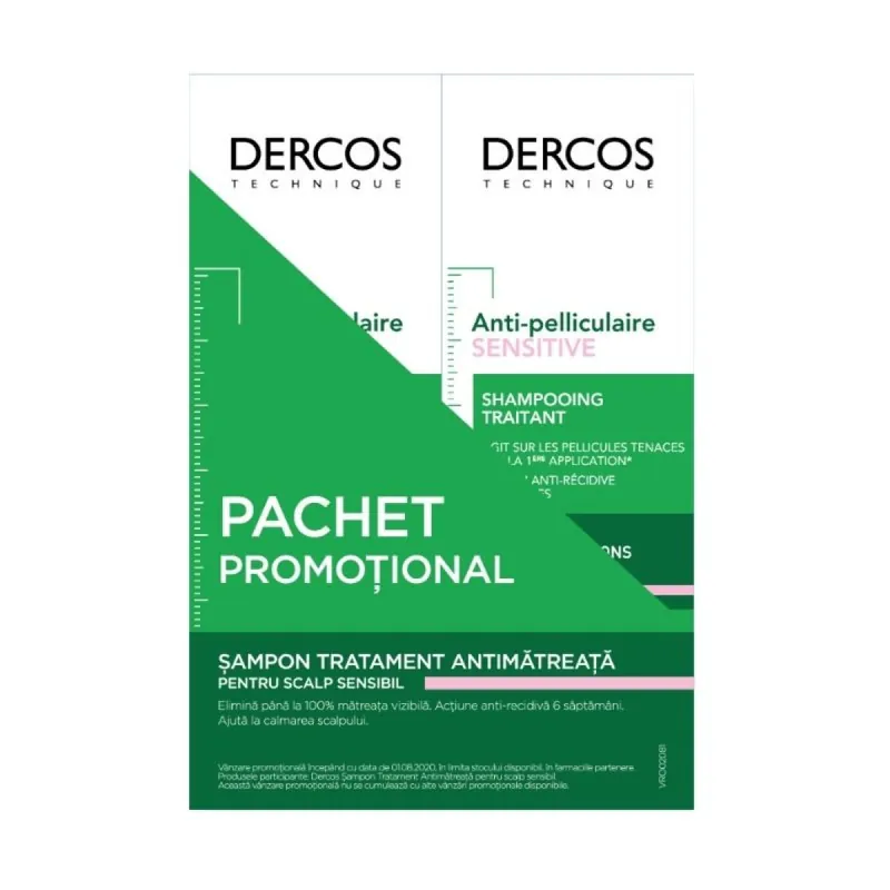 Ofertă Dercos Bi-pack Sampon antimatreata scalp sensibil, 200 ml 1+1-50%, Vichy