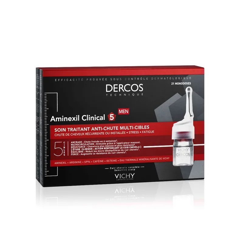 Tratament impotriva caderii parului pentru barbati Dercos Aminexil Clinical 5, 21 fiole*6 ml, Vichy Ultima șansă