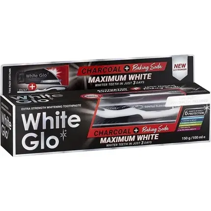 Pastă dinți White Glo Maximum White, cărbune, bicarbonat, 150g Retur gratuit