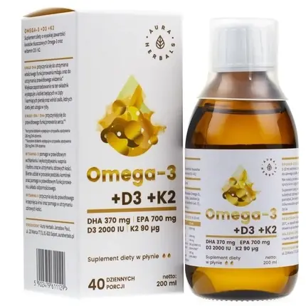 Cel mai vândut Supliment lichid, Aura Herbals, Omega-3 DHA 370 + D3 + K2, 200ml