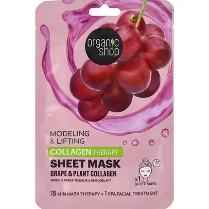 Masca facială tip folie, Organic Shop, Collagen Therapy Grape & Plant Collagen, cu extract de struguri Nu rata