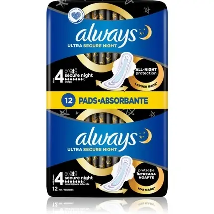 Fonduri absorbante, Always, Ultra Secure Night, 12 bucăți, albastru Reducere extra