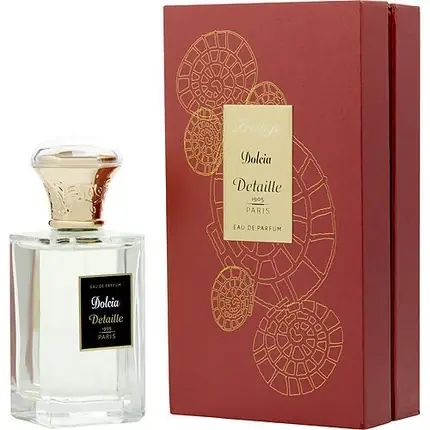 Eau de Parfum Detaille Dolecia, sticlă transparentă, capac auriu, ambalaj roșu Preț mic