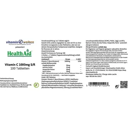Reducere extra HealthAid Vitamin C 1000mg S/R, Vegan, 100 Tablete