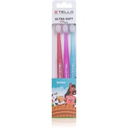 Ofertă Periuță de dinți copii, Tello Junior, set 3 bucăți, roz, albastru, design animale