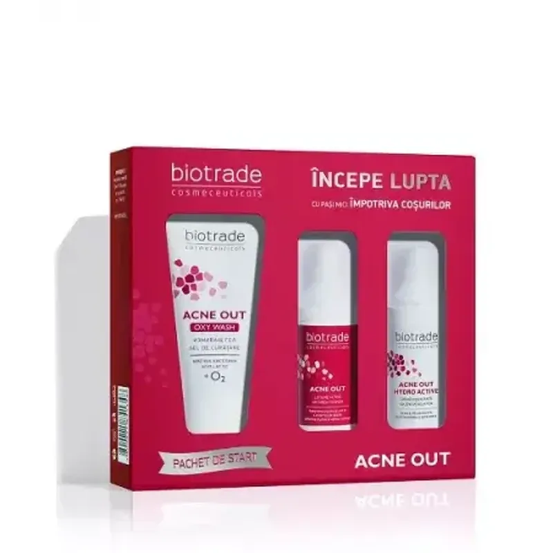 Pachet Gel de curățare 50 ml + Loțiune 20 ml +Cremă 20 ml Acne Out, Biotrade Retur ușor