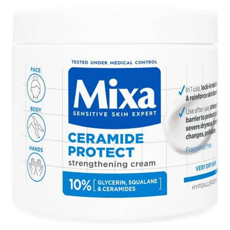 Crema cu efect fortifiant pentru fata si corp cu 10% Glicerina pentru piele uscata si foarte uscata Ceramide Protect, 400 ml, Mixa Cumpărături sigure