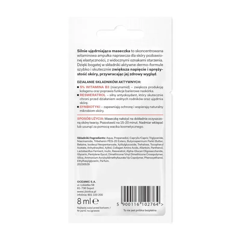 Expediere rapidă L‘Biotica Dermomask, Mască de față fermecătoare cu vitamina B3, 8 ml