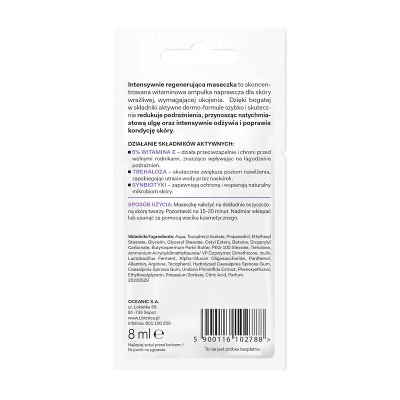 Cumpără online L‘Biotica Dermomask, Mască de față intens regeneratoare cu vitamina E, 8 ml
