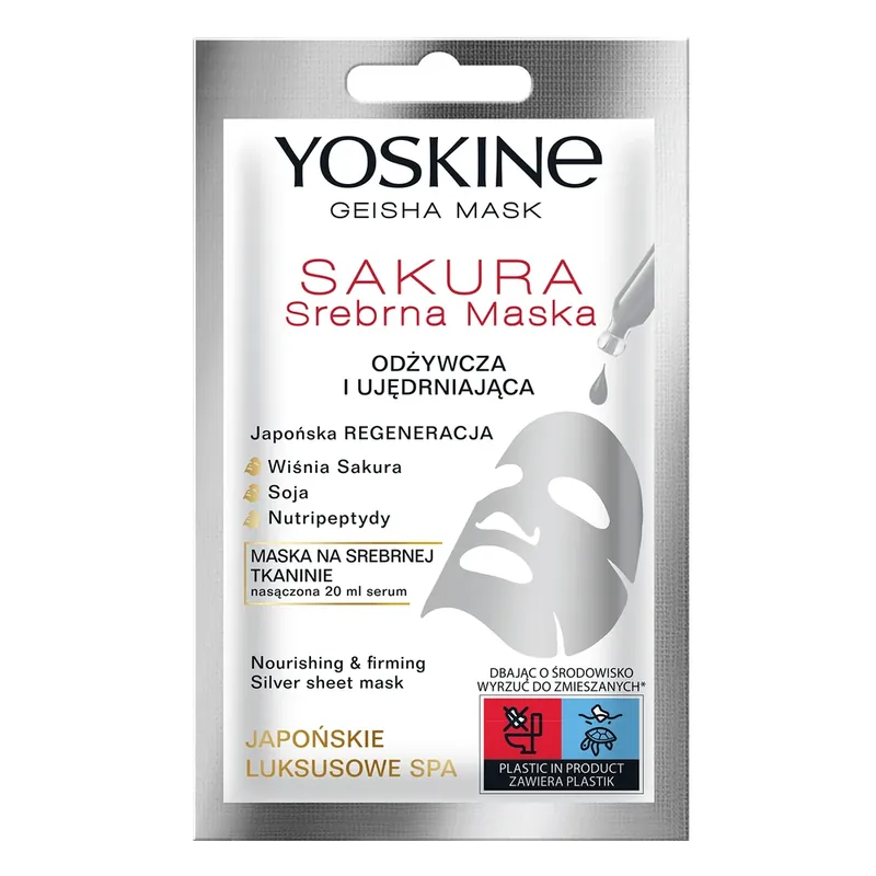 Reducere Yoskine Geisha Mask Sakura, mască din țesătură argintie, hrănitoare și de întărire, 20 ml