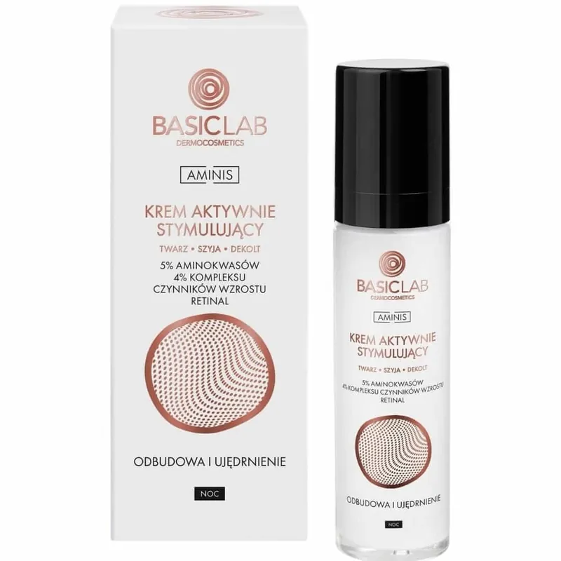 BasicLab Aminis, cremă de noapte stimulantă activă pentru față, gât și decolteu, cu aminoacizi 5%, reconstrucție și fermitate, 50 ml Retur gratuit