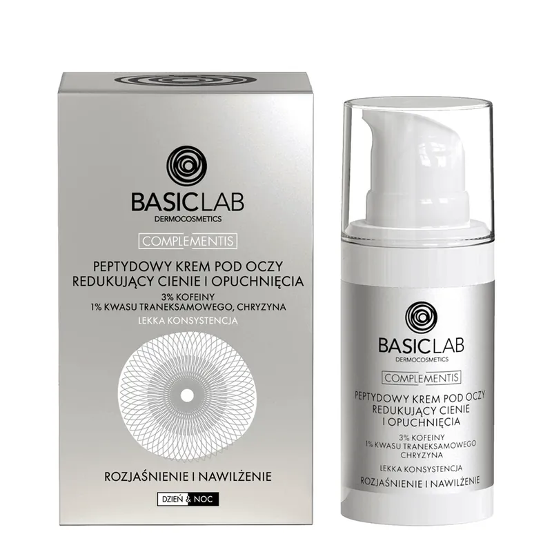 BasicLab Complementis, cremă peptidică pentru ochi pentru reducerea cearcănelor și a cearcănelor, iluminare și hidratare, textură ușoară, 15 ml Noutate