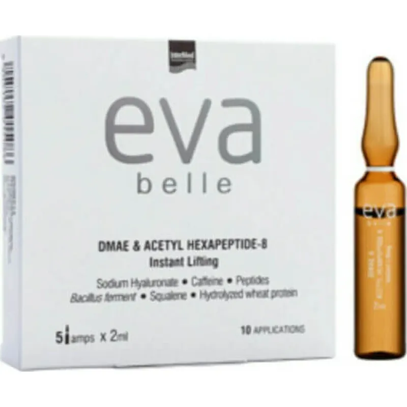 InterMed Eva Belle DMAE & Acetyl Hexapeptide-8 Ser hidratant și anti-îmbătrânire pentru față cu acid hialuronic pentru strălucire și lifting 5x2ml Lichidare de stoc