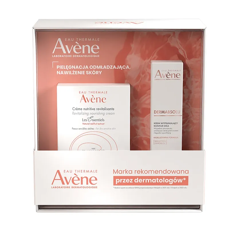 Discount Set Avene, Les Essentiels, cremă nutritivă revitalizantă cu textură bogată, 50 ml + Dermabsolu, cremă de umplere contur ochi, 15 ml