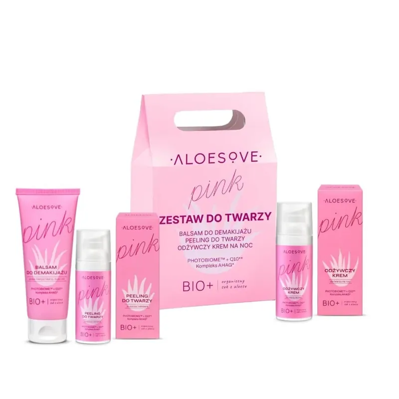 Aloesove Pink Face Kit, loțiune demachiantă, 75ml + exfoliant de față, 50ml + cremă de noapte hrănitoare, 50ml Premium
