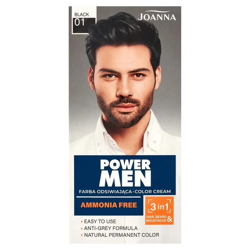Joanna Power Men Color Cream 3in1 Culoare pentru barbă și păr 01 Black, 30g Calitate înaltă