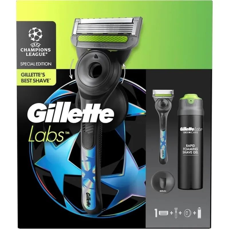Gillette Labs – aparat de ras UEFA Champions League – set de bărbierit cu lamă, mâner, cârlig și gel de bărbierit de 198 ml Ieftin