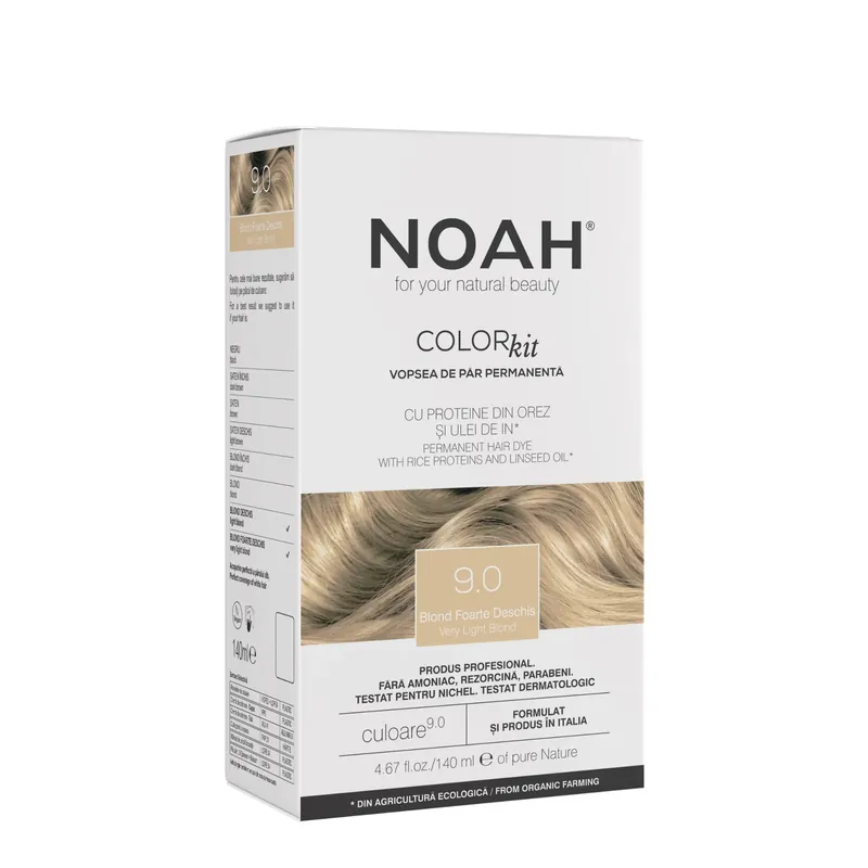 Vopsea de par permanenta, fara amoniac, cu proteina de orez si ulei de in organic, 9.0 Blond foarte deschis, NOAH, 140 ml Cumpărături sigure