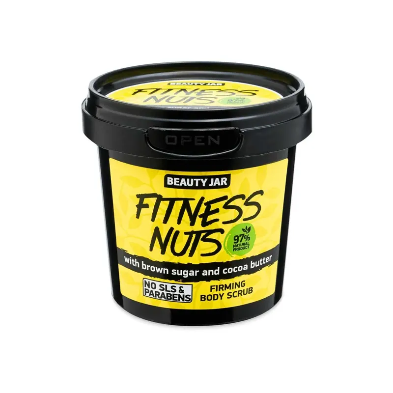 Ofertă specială Scrub pentru fermitatea corpului, cu zahar brun si unt de cacao, Fitness Nuts, Beauty Jar, 200 g