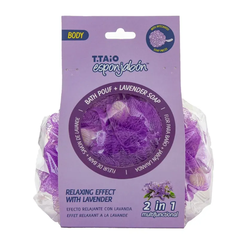 Vezi acum 2 in 1 Burete de dus cu plasa exfolianta si sapun incorporat, cu parfum de lavanda, efect relaxant, Esponjabon, 1 buc
