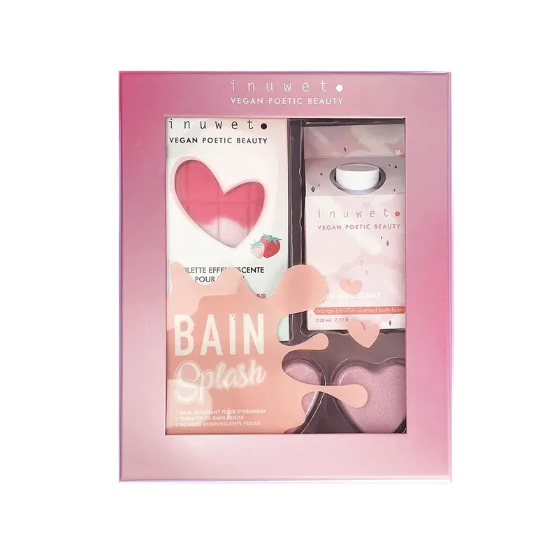 Reducere specială Set cadou Splash Bath, spuma de baie, tableta si inimi efervescente, Strawberry, Inuwet 4 buc