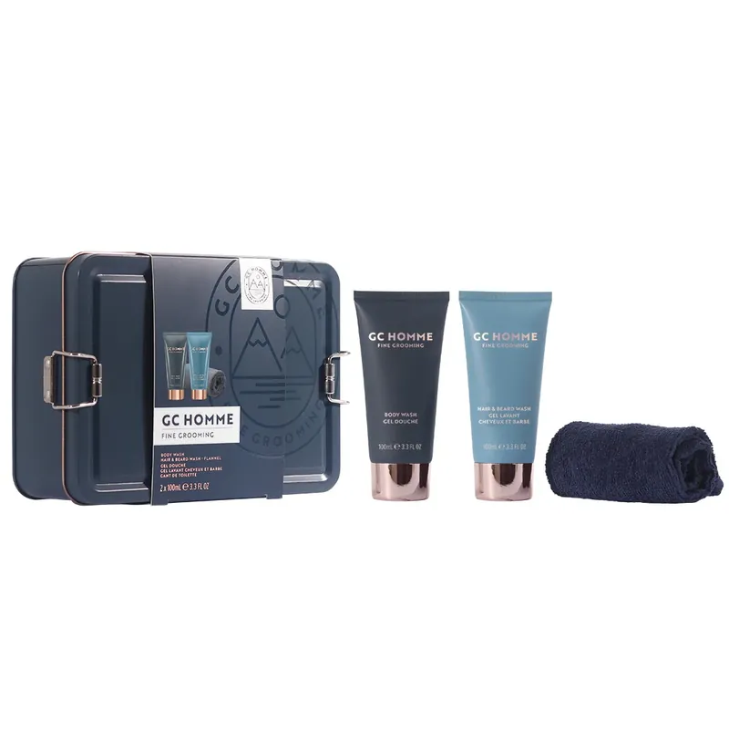 Livrare expres Set Cadou On the Go, GC Homme Fine Grooming, Gel de Dus, Sampon pentru Par si Barba, Prosop Reutilizabil, Cutie Metalica Reutilizabila cu Inchidere, The Luxury Bathing Company, 3 articole