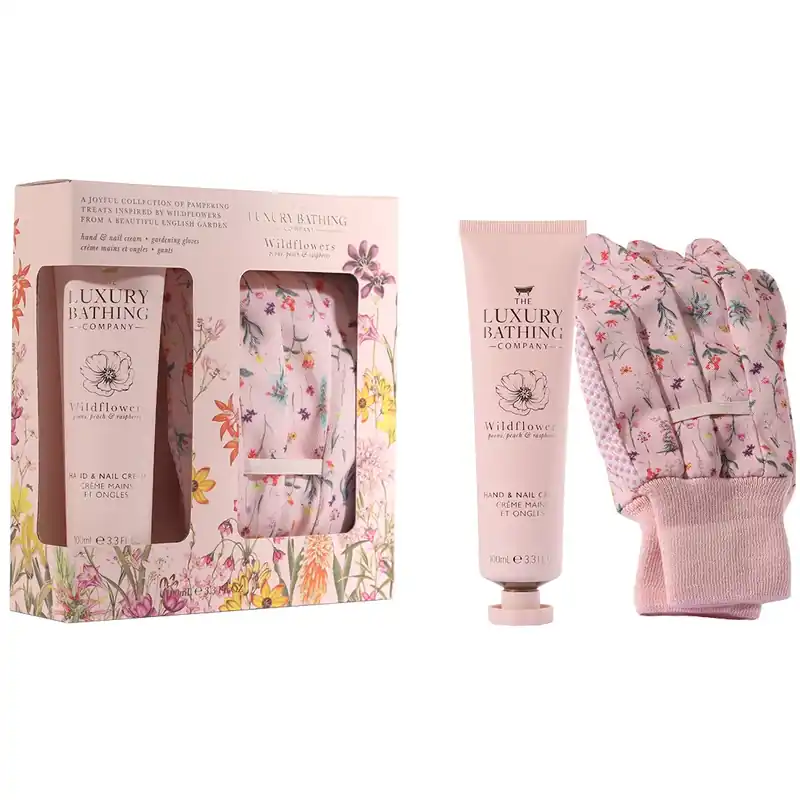 Reducere Set Cadou Perfect Duo, Wildflowers, Peony, Peach & Raspberry, Crema Maini si Unghii, Manusi pentru Gradinarit cu Print, The Luxury Bathing Company, 2 articole