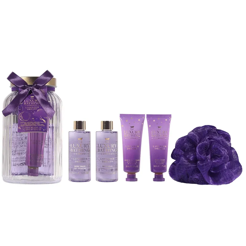 Ofertă specială Set Cadou Silent Night, Lavender, Gel de Dus, Spuma de Baie, Crema Maini si Unghii, Crema Corp, Burete Exfoliant Corp, Borcan de Sticla Reutilizabil cu Capac, The Luxury Bathing Company, 5 articole