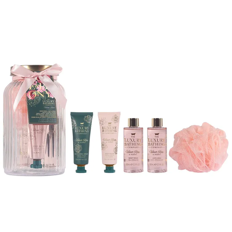 Set Cadou Pure Indulgence, Velvet Rose & Peony, Gel de Dus, Spuma de Baie, Crema Maini si Unghii, Crema Corp, Burete Exfoliant Corp, Borcan de Sticla Reutilizabil cu Capac, The Luxury Bathing Company, 5 articole Ultima șansă