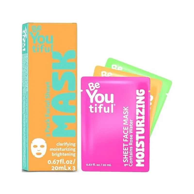 Popular Set 3 masti faciale tip servetel, purifianta, hidratanta & iluminatoare pentru adolescenti si tineri, BeYoutiful, 20 ml x 3