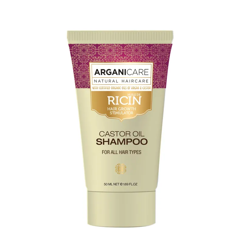 Ofertă de sezon Sampon pentru stimularea cresterii parului cu ulei de ricin pentru toate tipurile de par, travel size, Arganicare, 50 ml