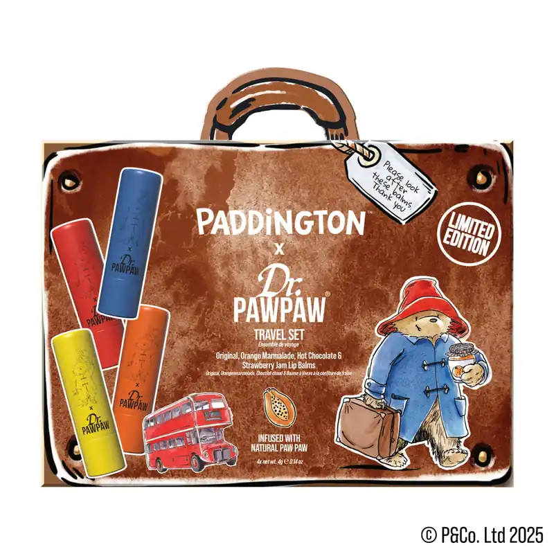 Reducere extra Set 4 balsamuri de buze Paddington™ Travels, aroma Orange Marmalade + Original Balm + Strawberry Jam + Hot Chocolate, Dr.PAWPAW, 4 x 4 g
