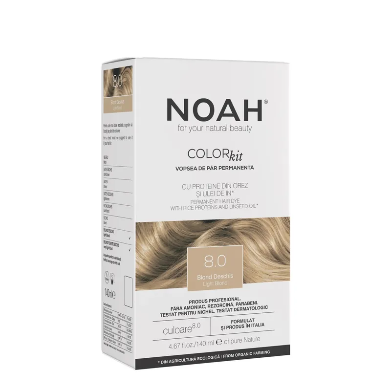 Comandă acum Vopsea de par permanenta, fara amoniac, cu proteina de orez si ulei de in organic, 8.0 Blond deschis, NOAH COLOR kit, 140 ml