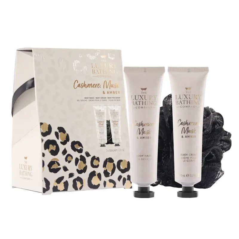 Set cadou Perfect Night In, Cashmere, Musk & Amber, 100 ml Gel de dus, 100 ml Crema corp & Burete exfoliant corp, The Luxury Bathing Company, 3 articole Promoție