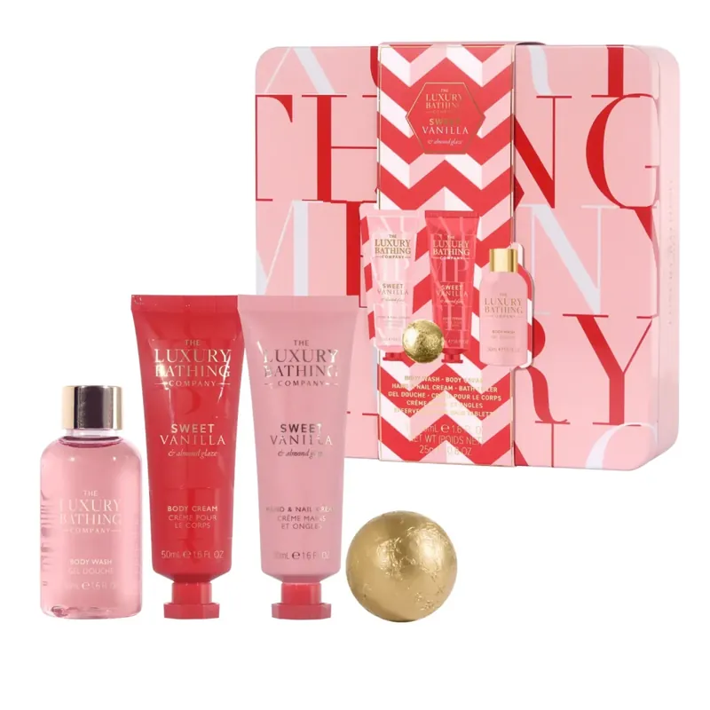 Set cadou Relax & Unwind, Sweet Vanilla & Almond Glaze, 50 ml Crema pentru maini si unghii, 50 ml Crema corp, 50 ml Gel de dus, 25 g Bila de baie & Cutie de metal reutilizabila cu capac, The Luxury Bathing Company Reducere de preț