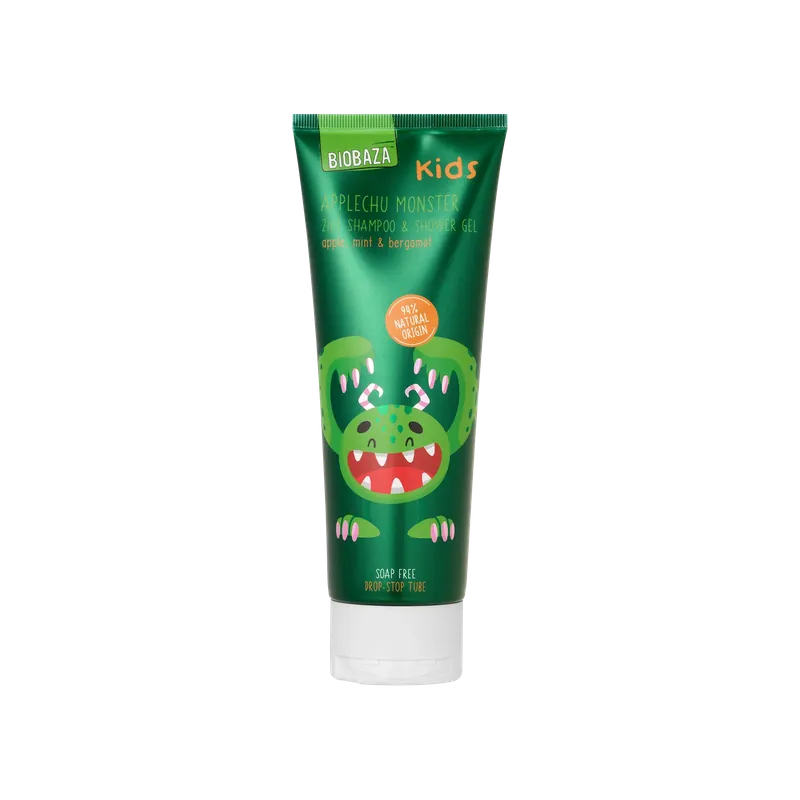 2 in 1 Sampon & gel de dus pentru copii, cu ulei de menta & bergamota si parfum de mar, Applechu Monster, Biobaza Kids, 250 ml Ieftin