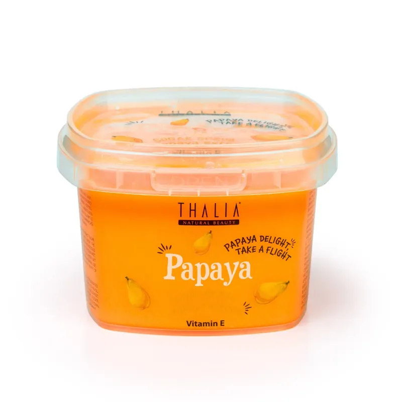 Popular Scrub pentru corp pe baza de zahar, cu extract de papaya + vitamina E, Papaya Delight Take a Flight, Thalia, 300 g