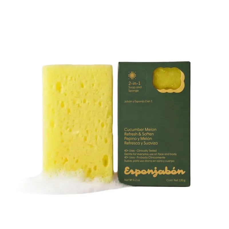 2 in 1 Burete de baie si sapun încorporat, cu extract de castraveți și pepene galben, efect hidratant & de prospetime, Esponjabon, 120 gr Preț mic
