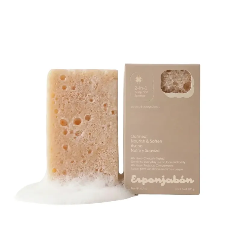 2 in 1 Burete de baie si sapun incorporat, cu fulgi de ovaz, efect calmant & exfoliant, Esponjabon, 120 gr Promoție